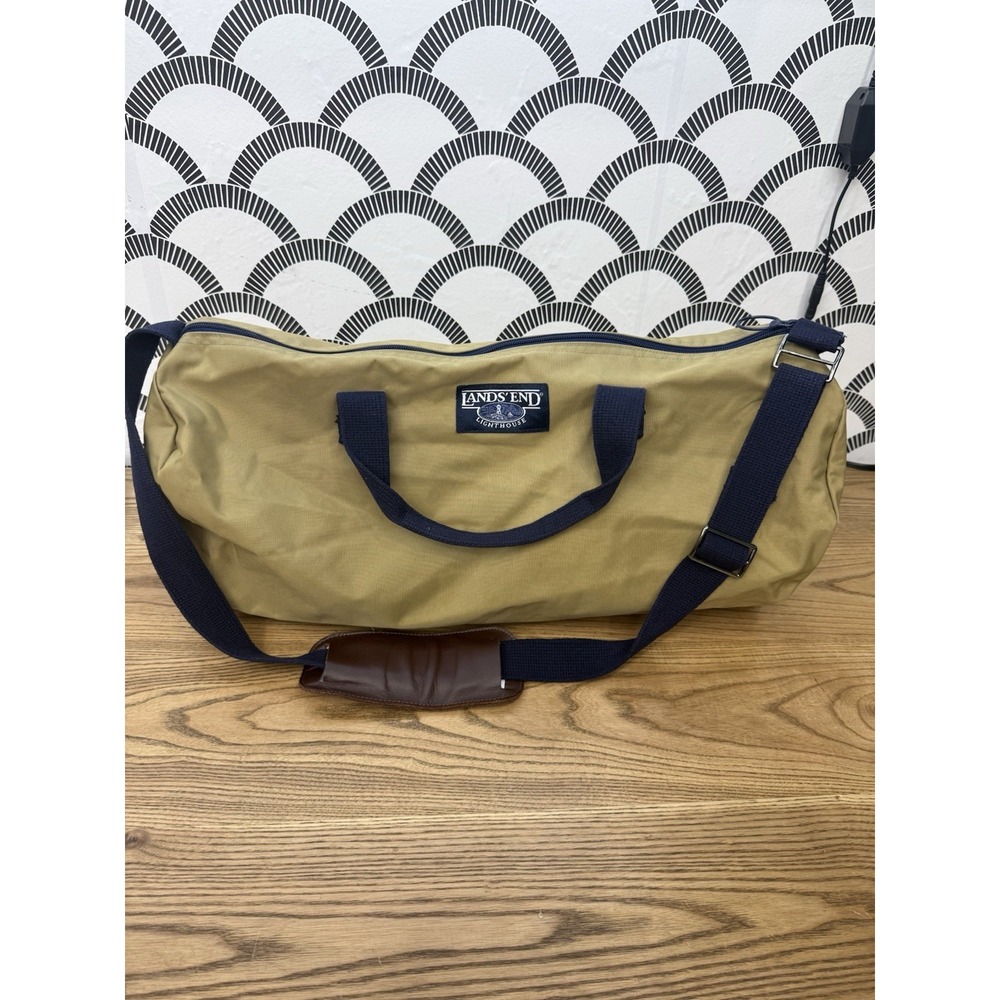 VTG Lands End Khaki Tan & Navy Nylon Duffle Bag Heritage Travel Bag 20" Weekend